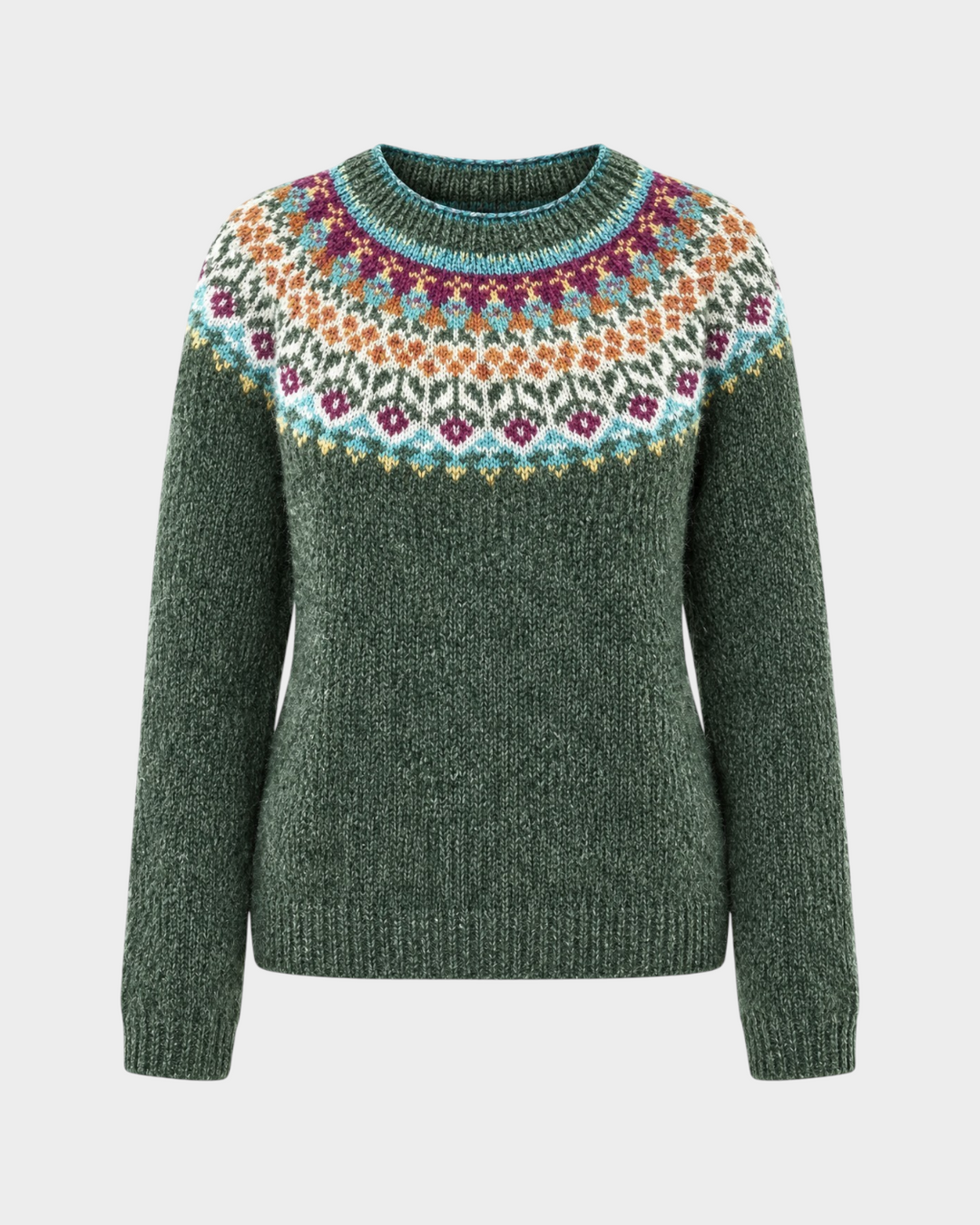 Luna Moda Ambra crewneck sweater in dark green with a colorful Icelandic-style patterned yoke and soft knit texture.