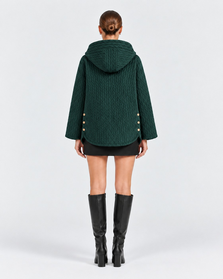 Luna Moda dark green quilted hooded jacket with decorative side buttons, back view on a model