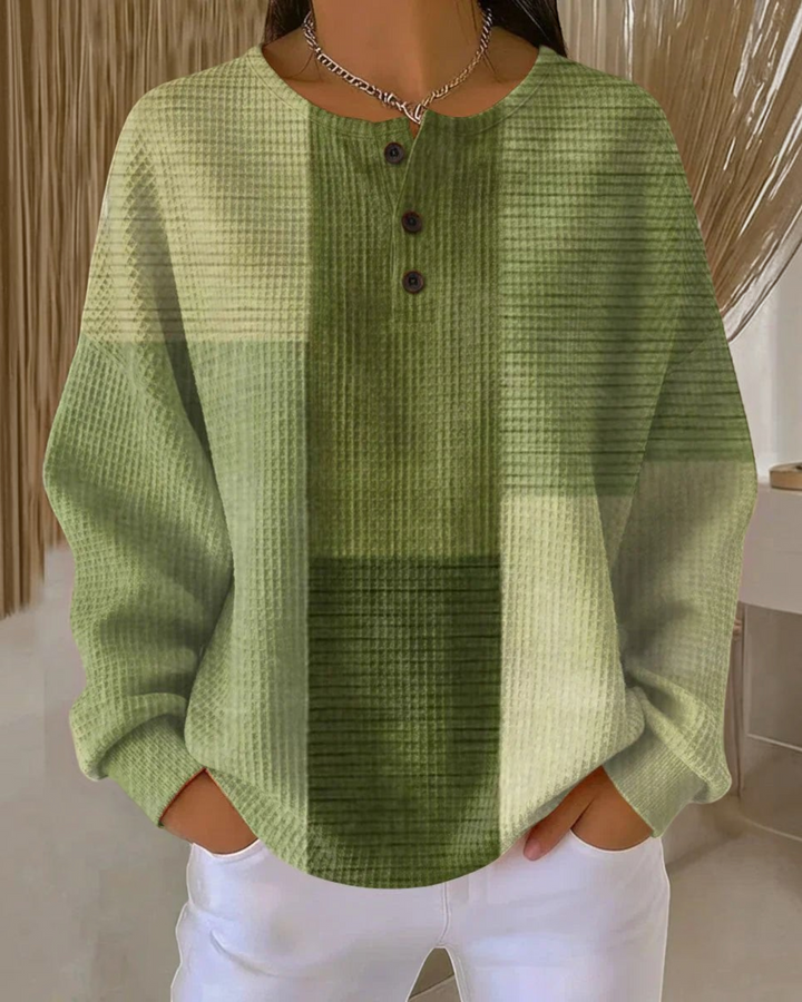 Luna Moda Marcella waffle knit Henley sweater in green color-block pattern with button placket and relaxed fit.