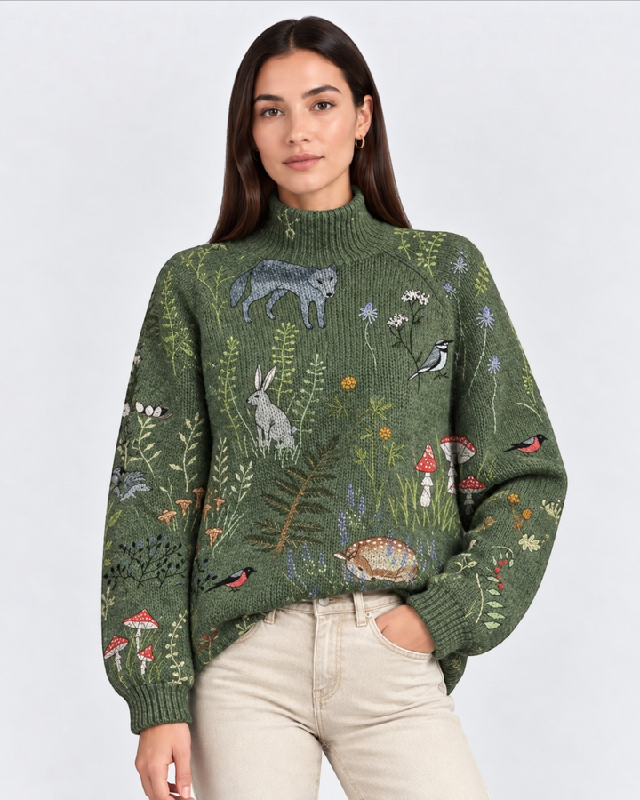 Luna Moda green knit sweater featuring vintage-inspired woodland animal and mushroom embroidery with a ribbed turtleneck