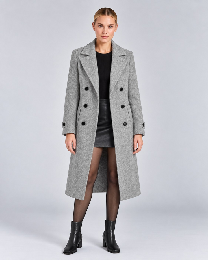 Luna Moda grey double-breasted long wool coat worn by a model with a black top and skirt for a sophisticated look.