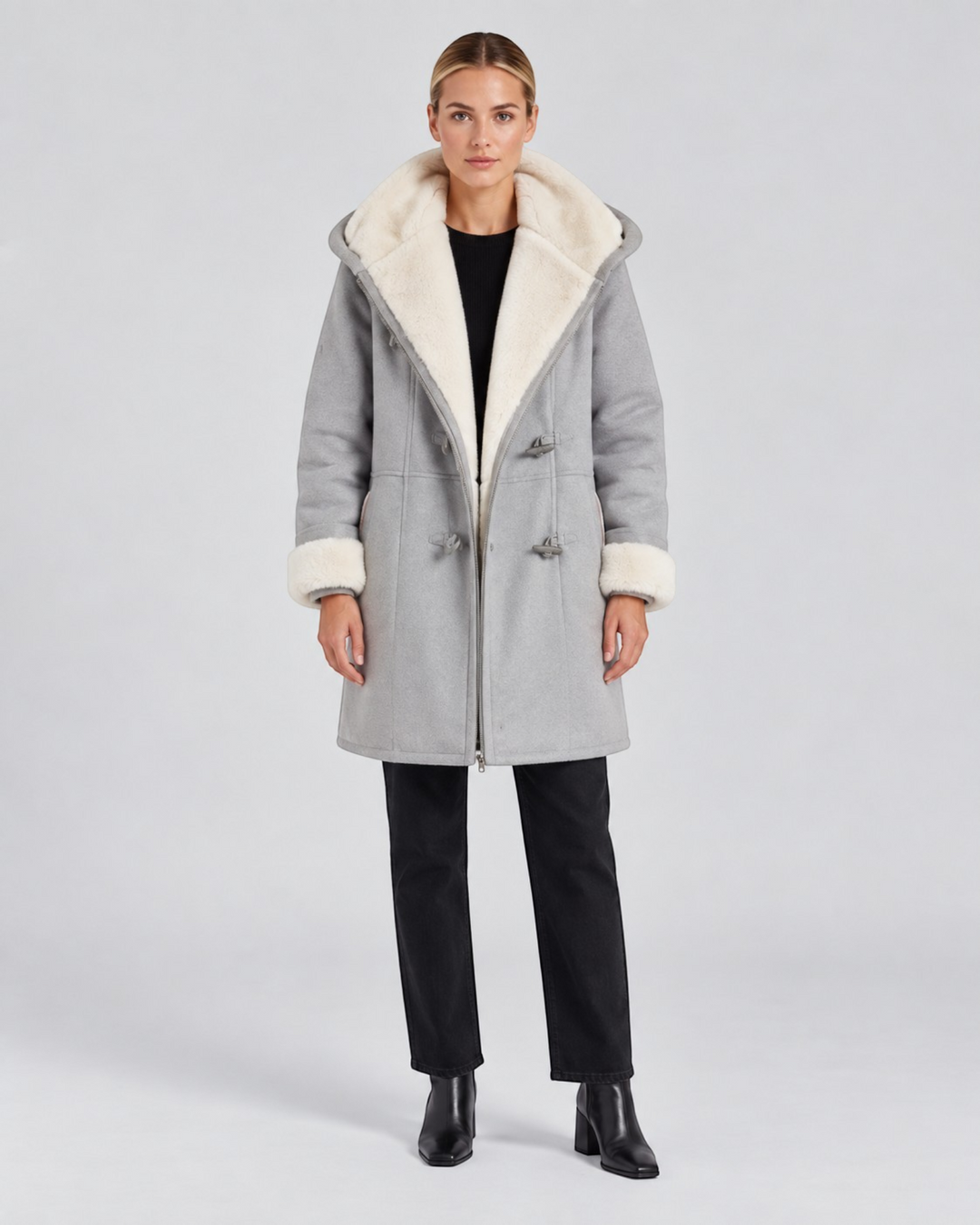 Luna Moda Antonia grey hooded winter coat with cream faux fur lining and toggle closures worn by a model