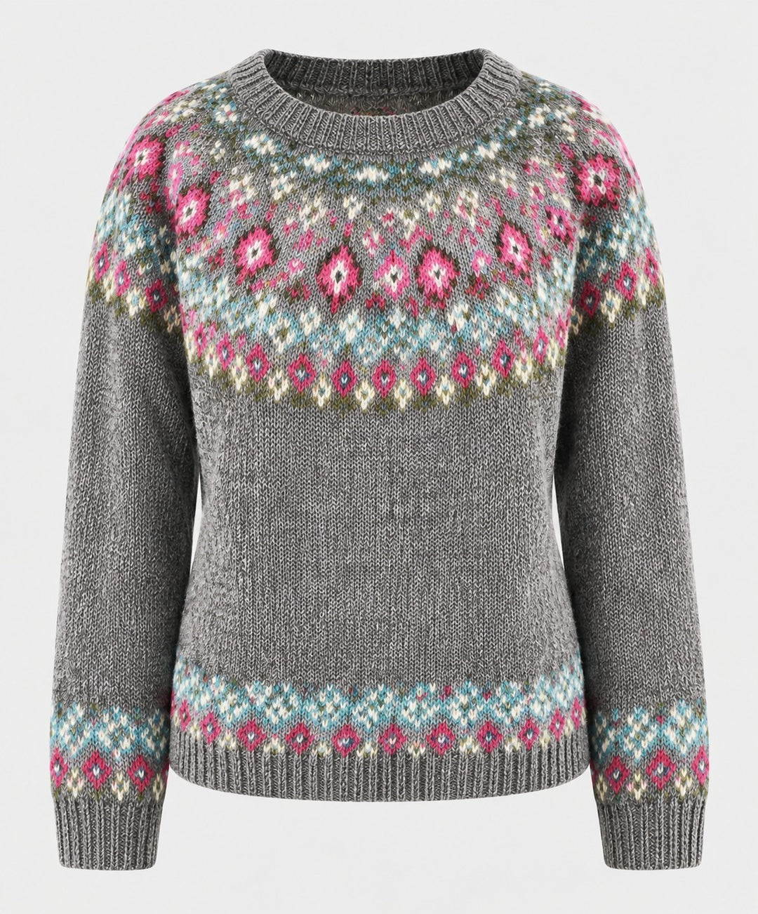 Luna Moda handmade grey Icelandic sweater with pink, white, and blue patterned yoke and hem detail
