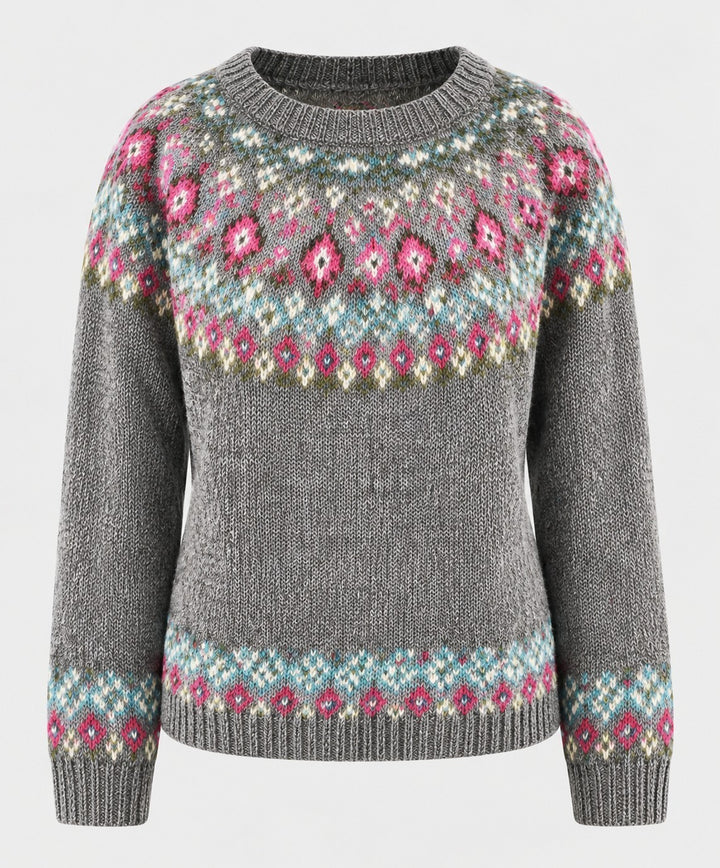 Luna Moda handmade grey Icelandic sweater with pink, white, and blue patterned yoke and hem detail