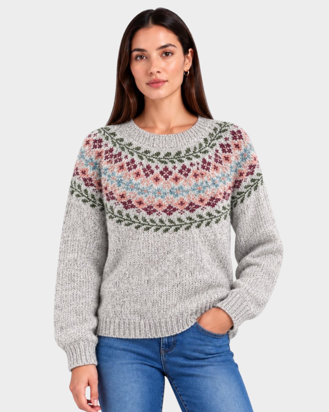 Luna Moda handmade grey knit sweater featuring a colorful floral jacquard yoke pattern on a soft wool blend fabric.