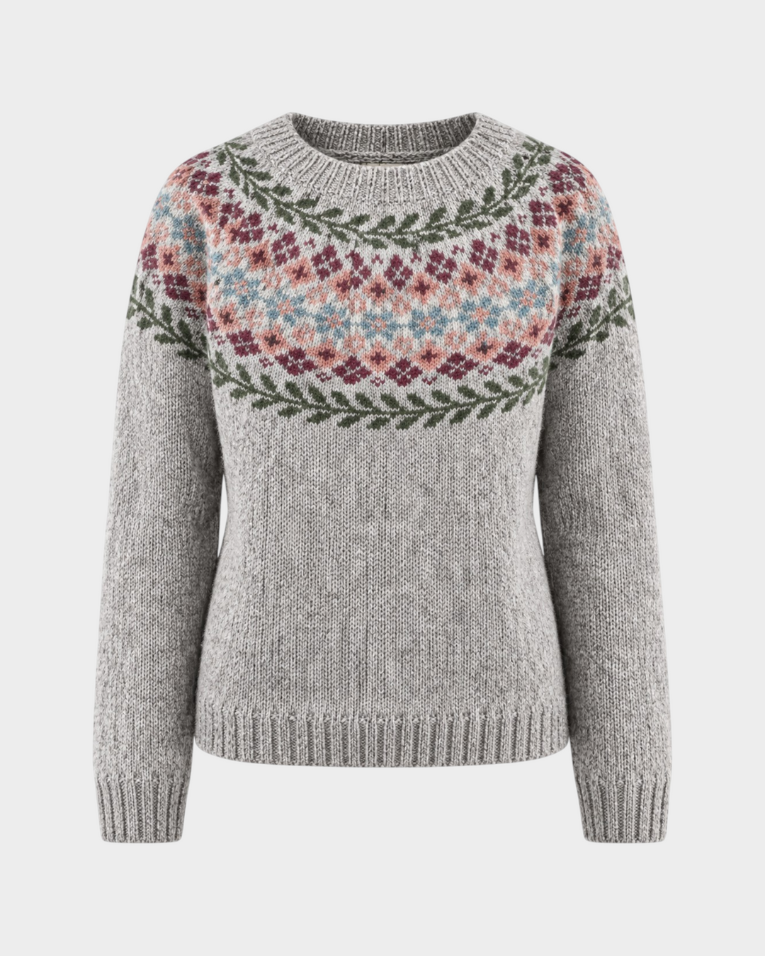 Luna Moda Cinzia handmade grey wool sweater featuring a colourful floral and geometric jacquard yoke pattern