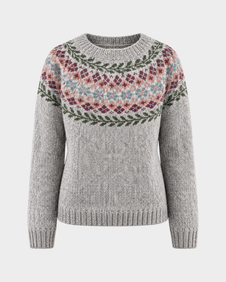 Luna Moda Cinzia handmade grey wool sweater featuring a colourful floral and geometric jacquard yoke pattern