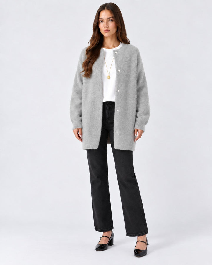 Luna Moda grey long cardigan in soft knit worn by a model with black jeans and a white t-shirt