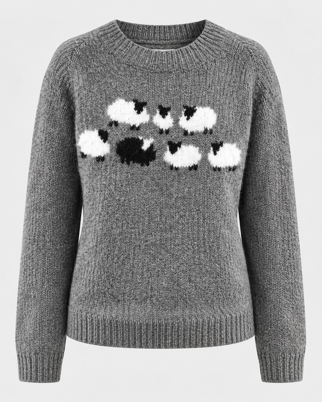 Luna Moda grey knitted sweater featuring a playful white and black sheep pattern with a ribbed crew neck and cuffs.
