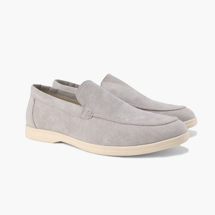 Luna Moda Romeo light grey suede loafers with supportive insoles and detailed stitching for everyday comfort