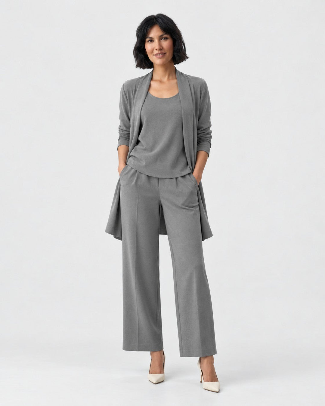 Luna Moda three-piece grey set featuring a sleeveless top, open cardigan, and wide-leg trousers worn by a model.