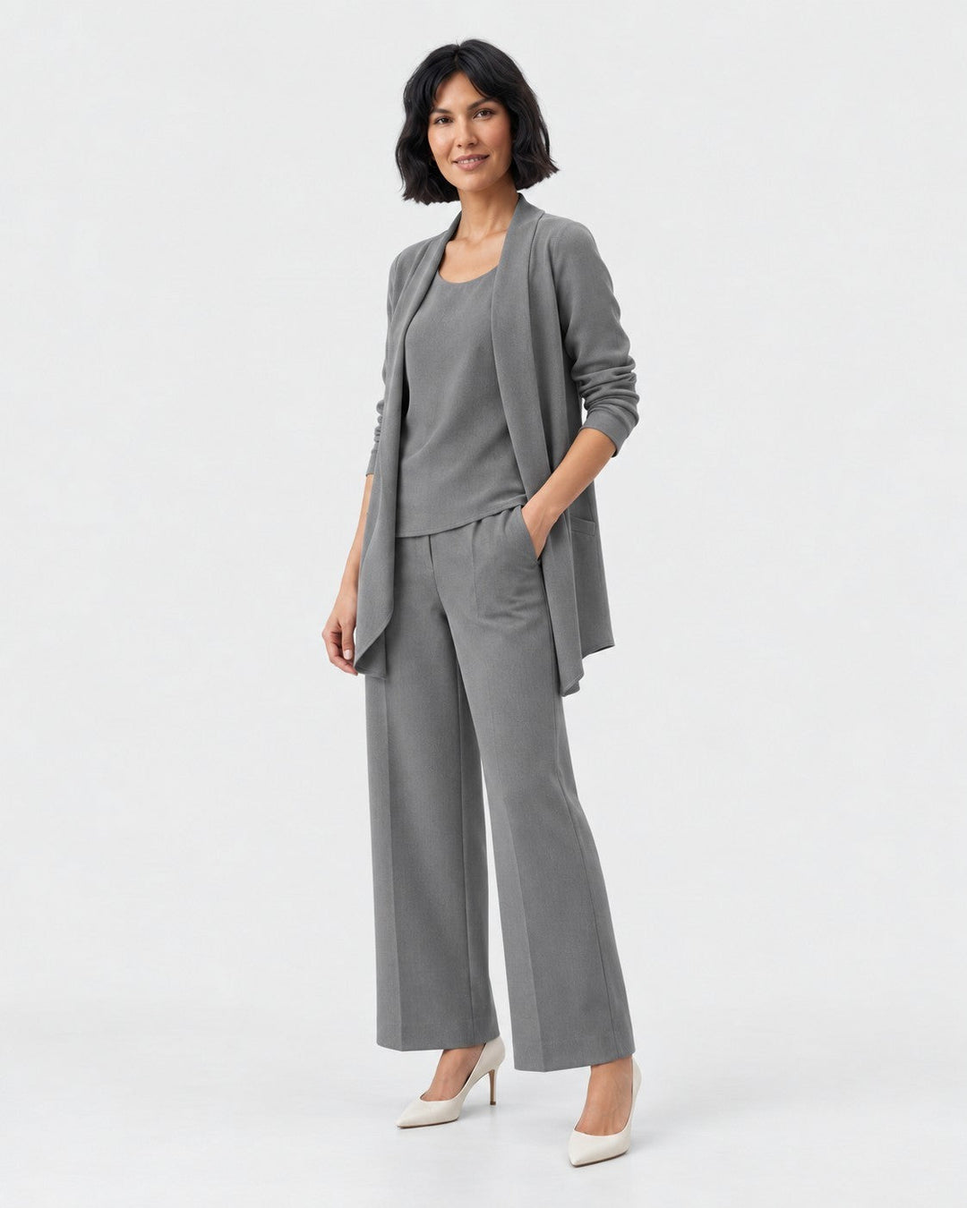 Luna Moda three-piece grey suit featuring a sleeveless top, open cardigan, and wide-leg trousers on a model.