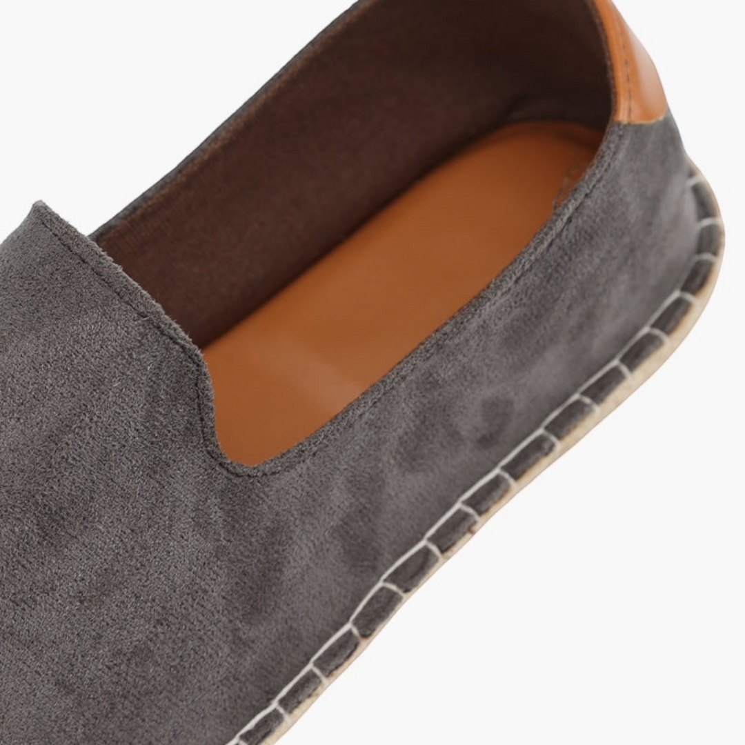 Luna Moda ALAN grey wool espadrilles with tan leather heel detail and braided rope sole, close-up view.