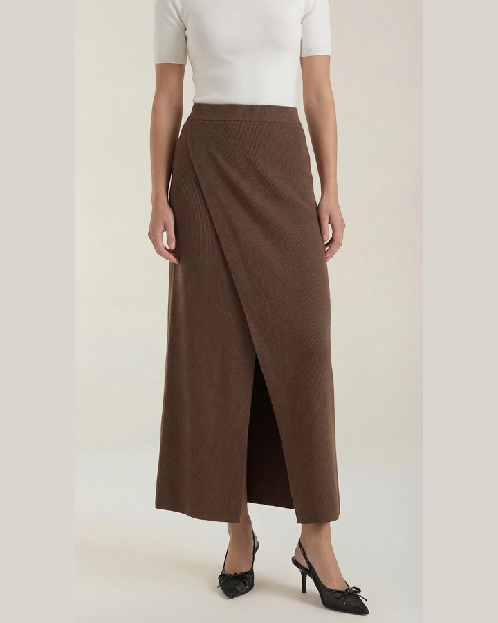 Luna Moda brown midi knit wrap skirt with a clean overlapping front design worn with a white top and black heels