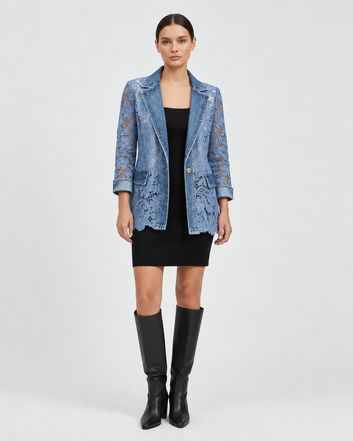 Luna Moda Harper blazer in blue denim with intricate lace details, worn over a black dress with knee-high boots.