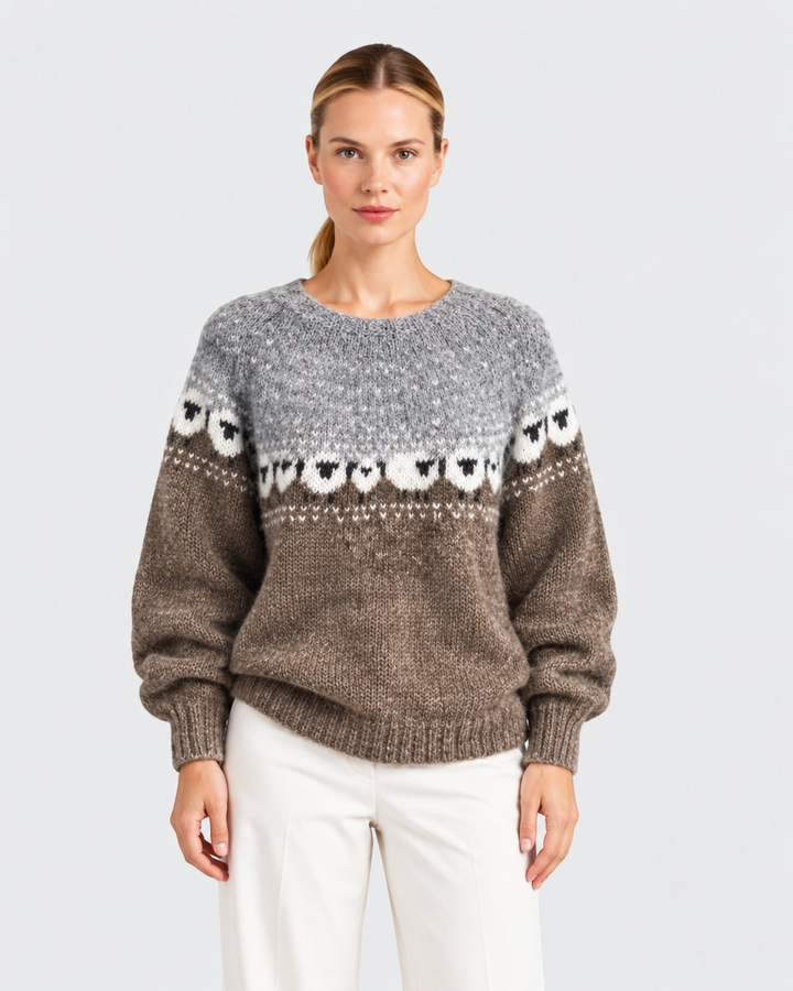 Luna Moda Isabella thick knit sweater with grey yoke, sheep pattern, and brown body on a model.
