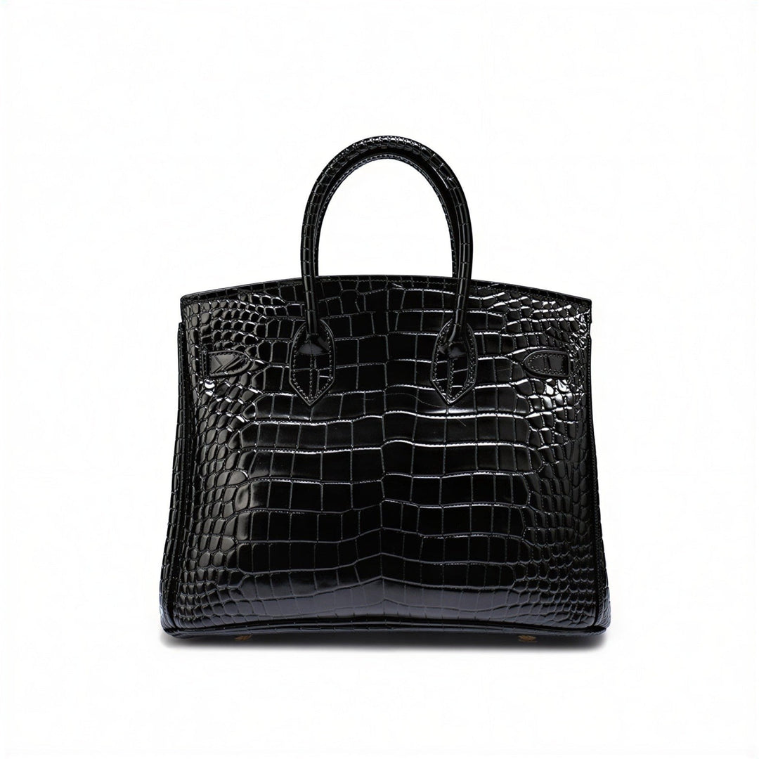 Luna Moda Ludovica black structured tote bag in glossy crocodile-embossed leather with gold hardware and top handle.