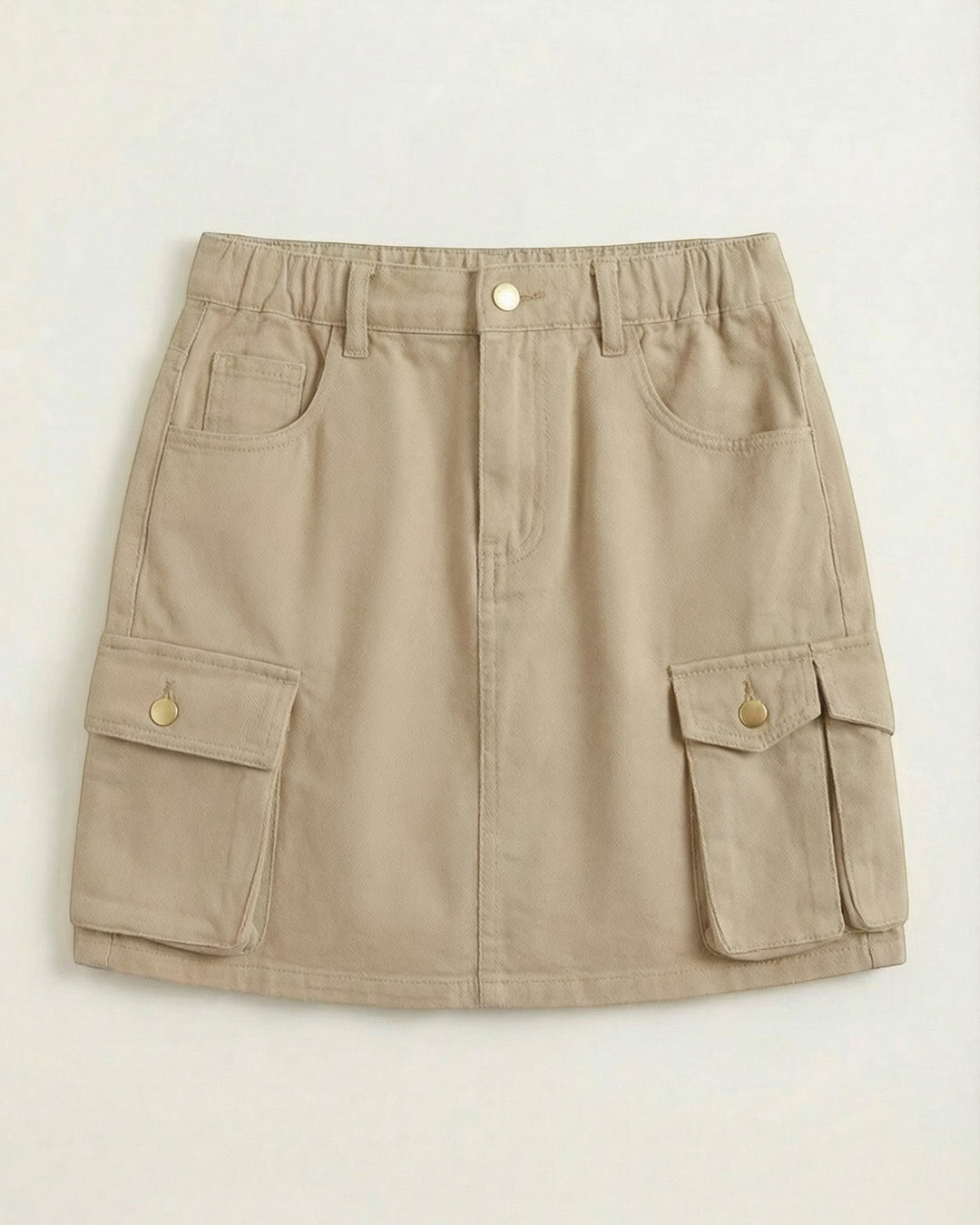 Luna Moda beige A-line cargo mini skirt with functional side pockets and an elasticated waistband
