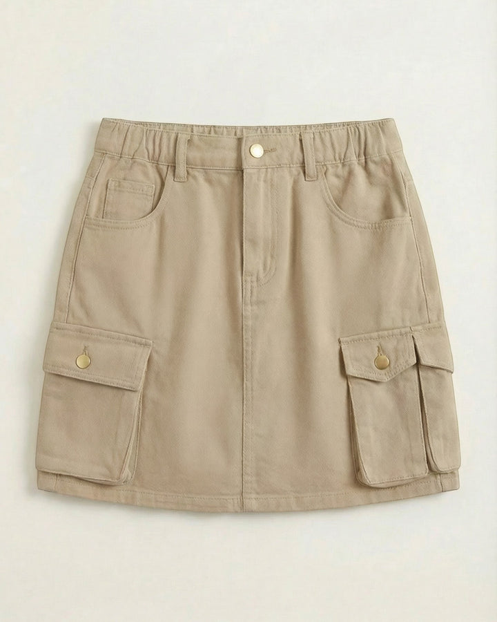 Luna Moda beige A-line cargo mini skirt with functional side pockets and an elasticated waistband