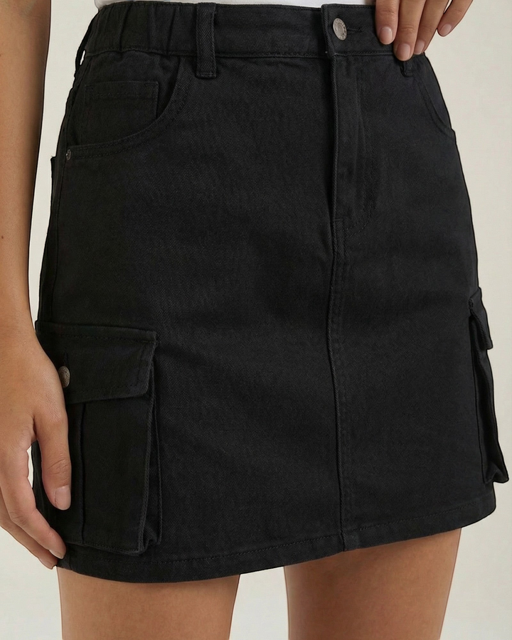 Luna Moda black A-line cargo mini skirt with functional side pockets and an elasticated waistband.