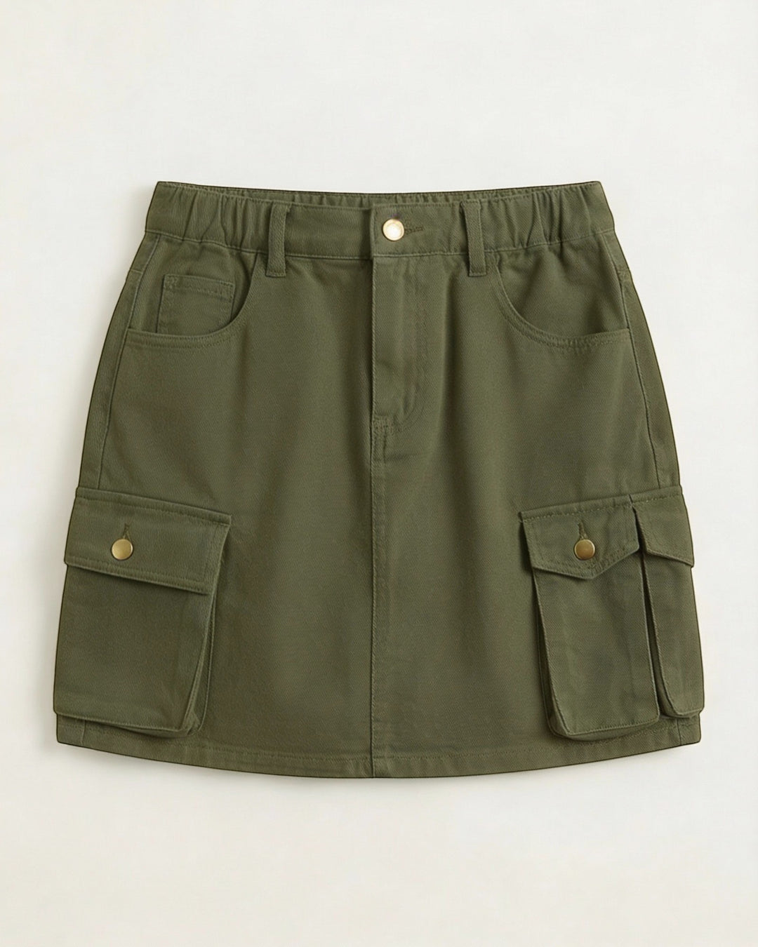 Luna Moda olive green A-line cargo mini skirt with functional side pockets and an elasticated waistband