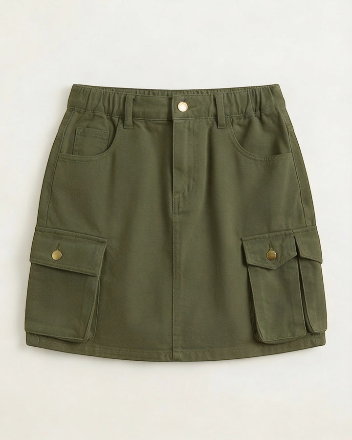 Luna Moda olive green A-line cargo mini skirt with functional side pockets and an elasticated waistband