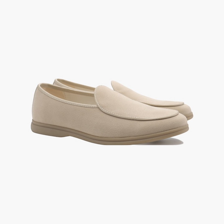 Luna Moda JOEL beige full-grain leather loafers with a tapered toe and hand-stitched details on a white background.