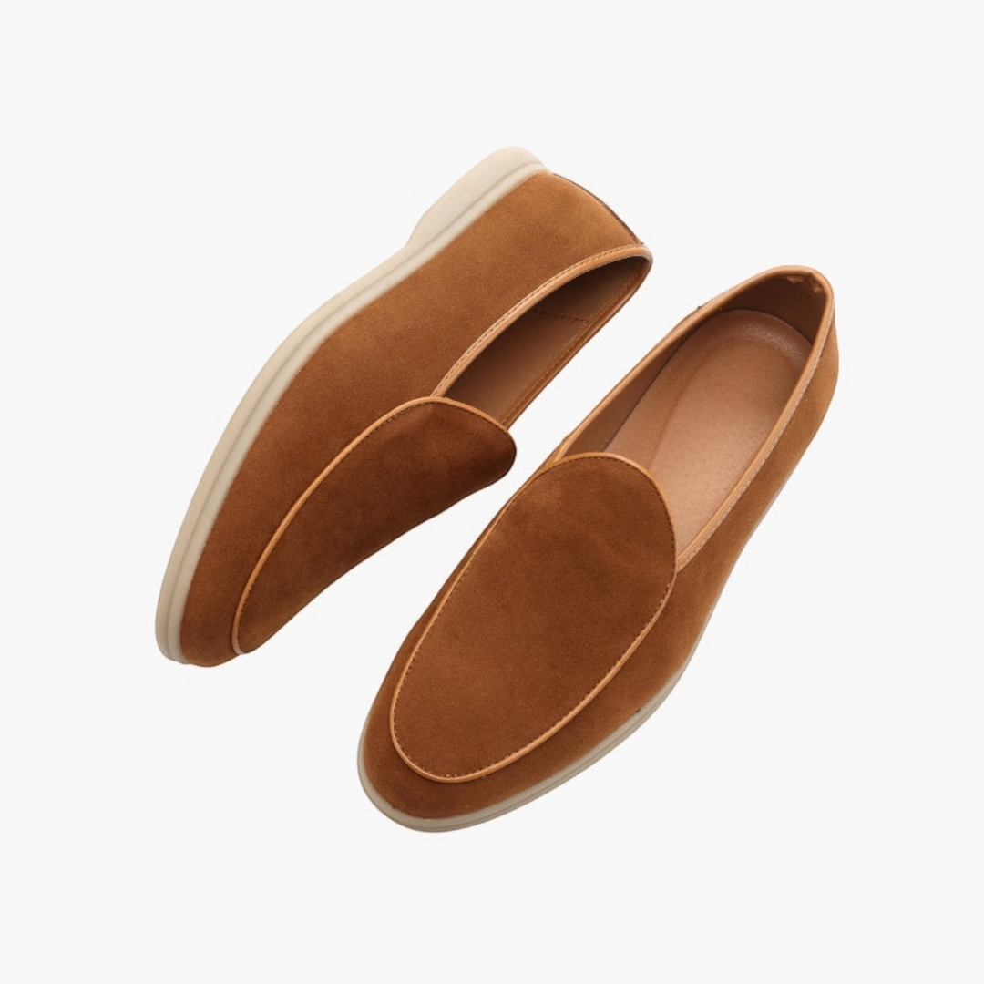 Luna Moda JOEL brown full-grain leather loafers with a tapered toe and hand-stitched detailing on a white background.