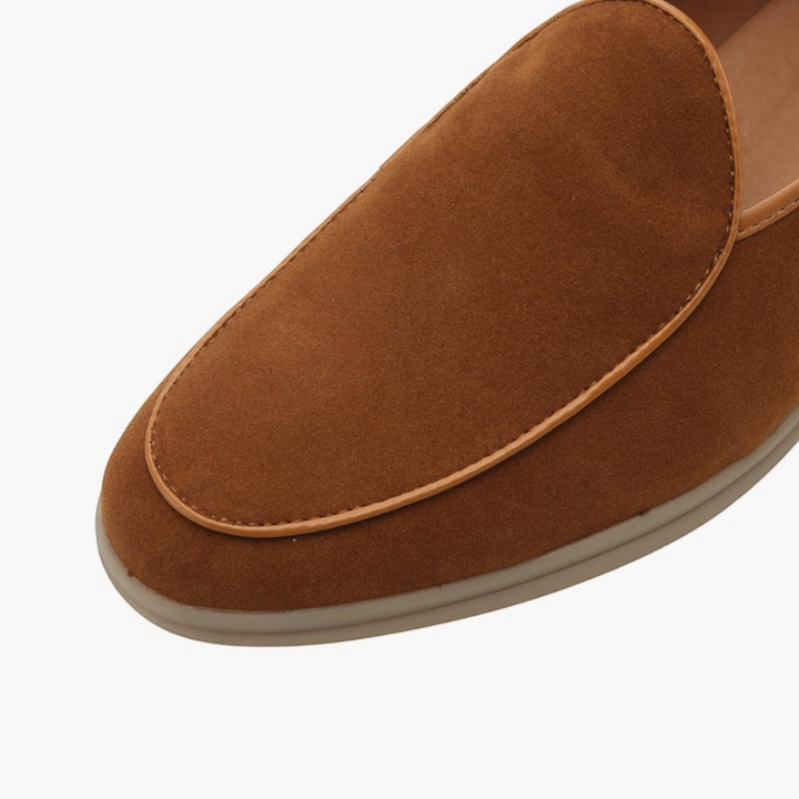 Luna Moda JOEL brown suede loafer with a tapered toe and hand-stitched detailing on a white background