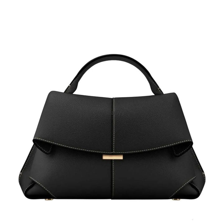 Luna Moda Lara black leather handbag with a minimalist design, top handle, and elegant gold-tone hardware detail.