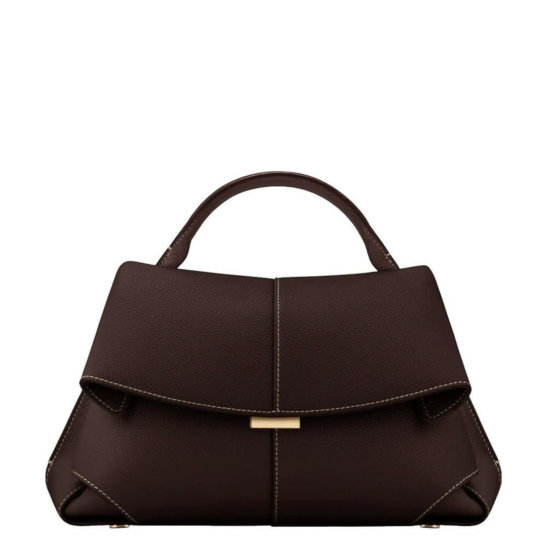 Luna Moda Lara dark brown leather handbag with a minimalist design, top handle, and elegant gold-tone hardware.