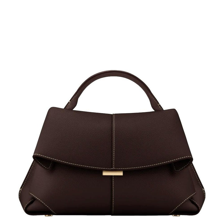 Luna Moda Lara dark brown leather handbag with a minimalist design, top handle, and elegant gold-tone hardware.