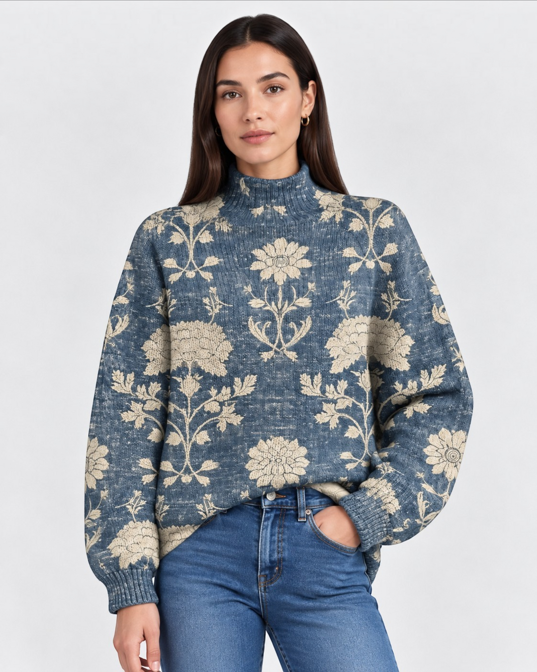 Luna Moda Lavinia navy blue turtleneck sweater with cream vintage floral print and ribbed high neck