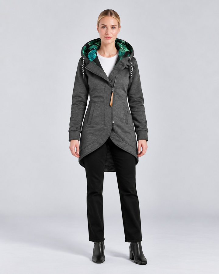 Luna Moda LEONILDA charcoal grey hooded coat with a green tropical leaf print lining and asymmetrical zip closure