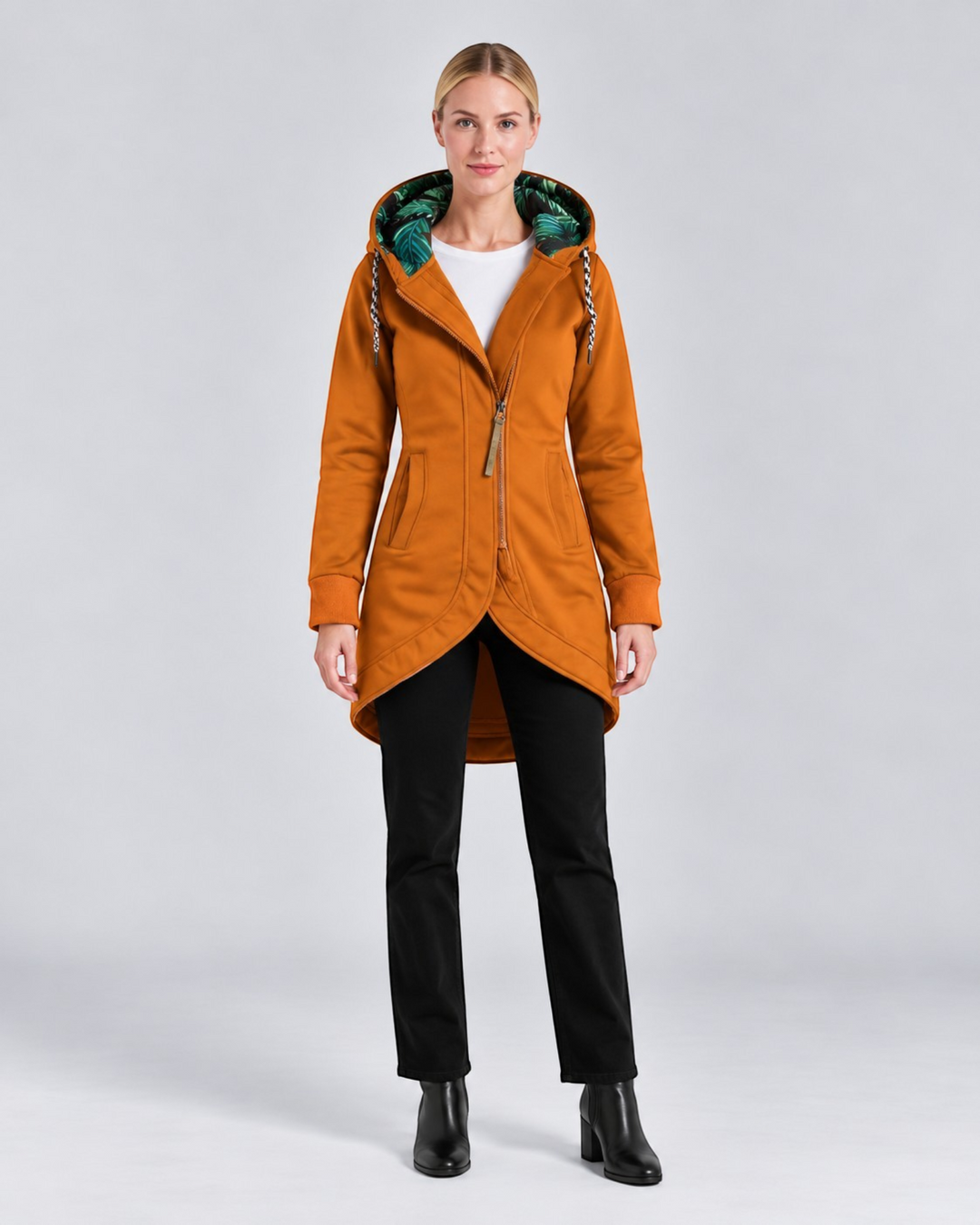 Luna Moda LEONILDA elegant ochre hooded coat with a tropical leaf print lining and asymmetrical zip closure