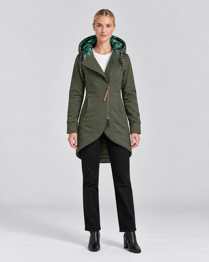 Luna Moda LEONILDA olive green hooded coat with a tropical leaf print lining and asymmetrical zip closure