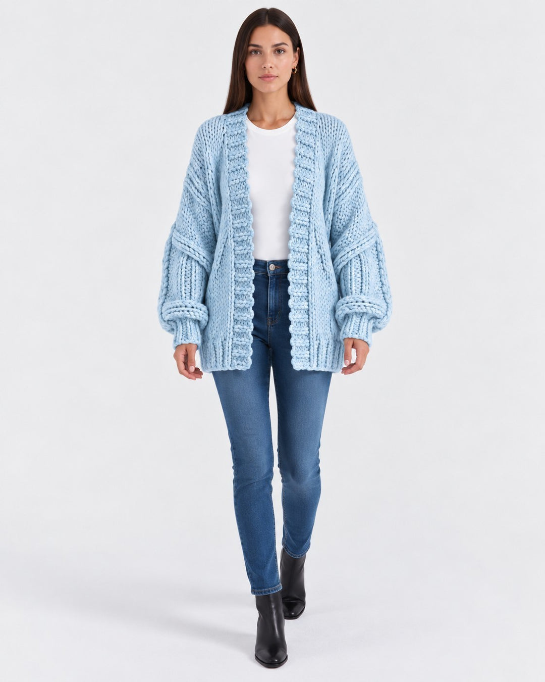 Luna Moda light blue oversized chunky knit cardigan worn by a model with jeans and a white t-shirt