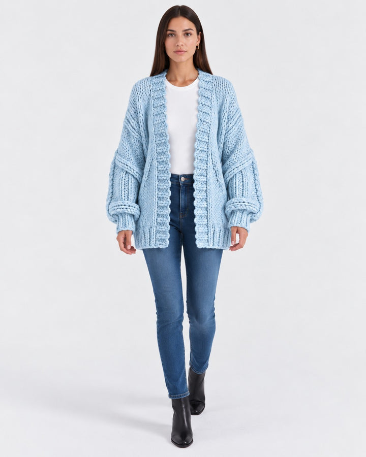 Luna Moda light blue oversized chunky knit cardigan worn by a model with jeans and a white t-shirt