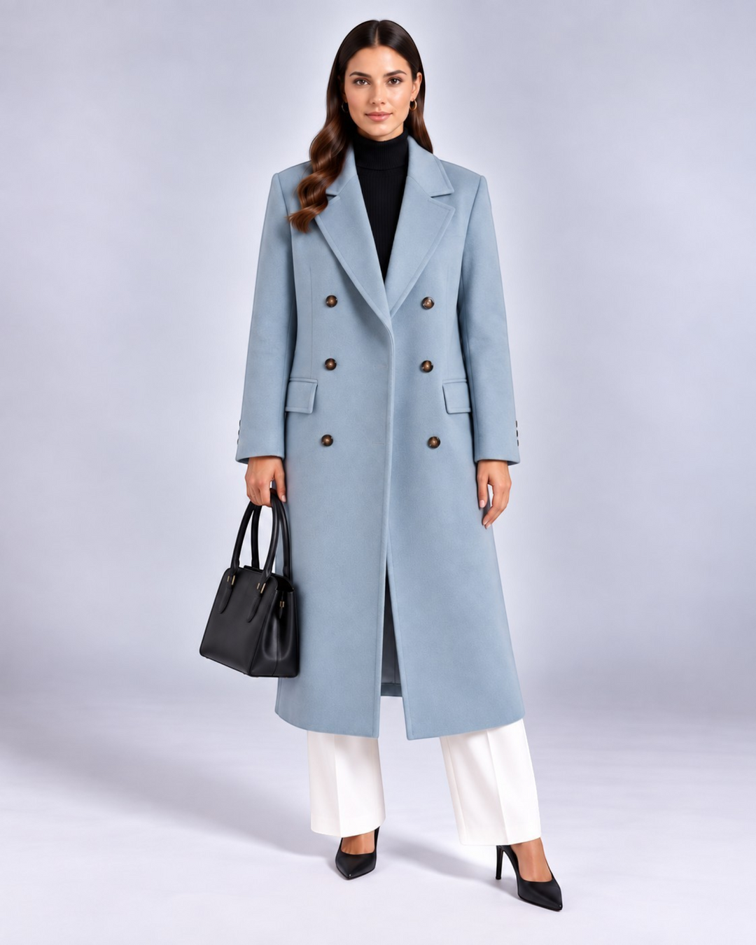 Luna Moda light blue double-breasted wool trench coat worn by a model with a black handbag and heels