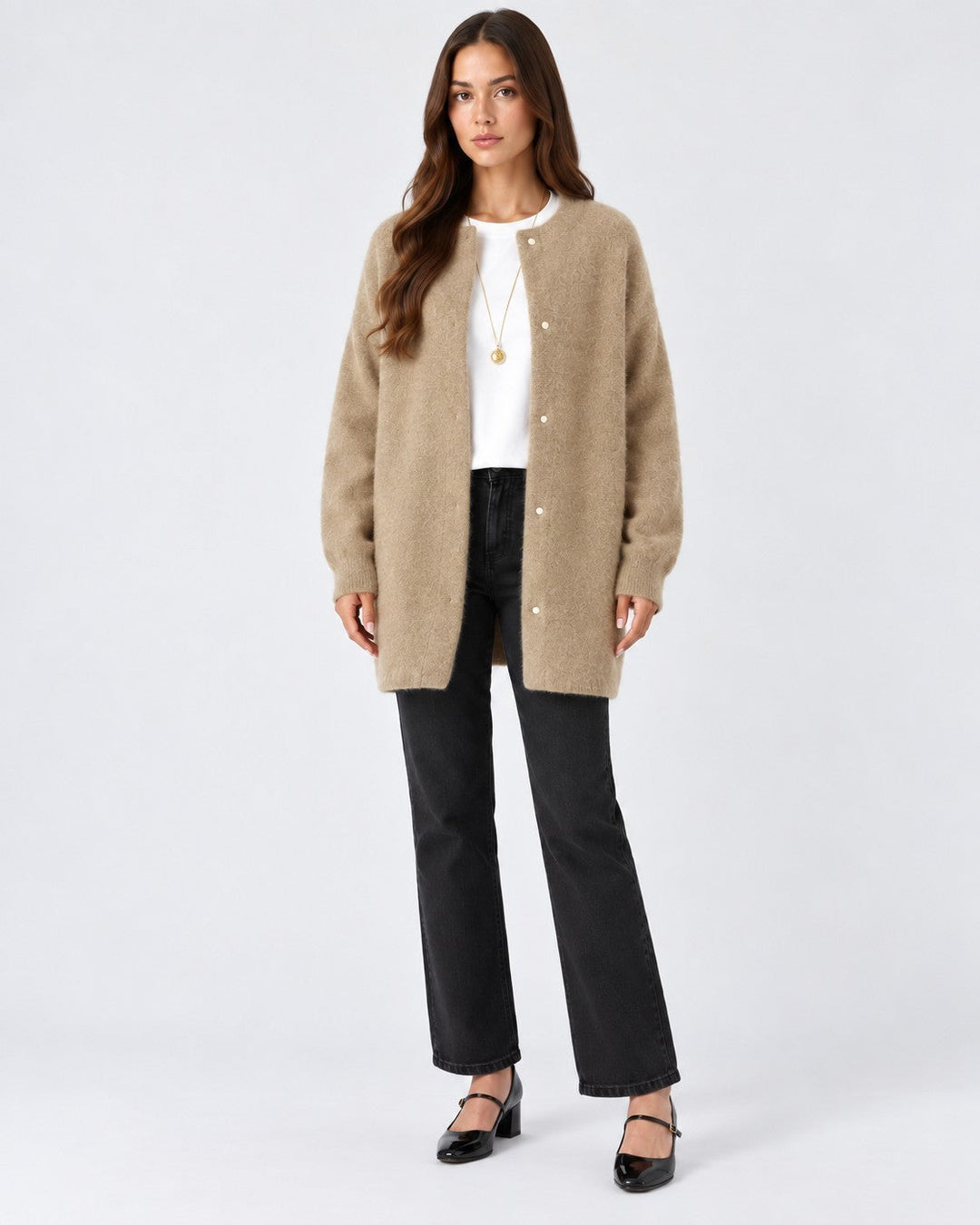 Luna Moda long beige soft knit cardigan worn by a model with a white t-shirt and black trousers