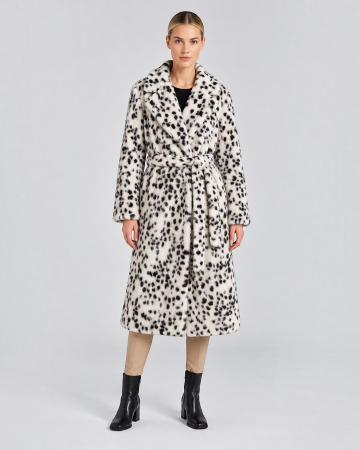 Luna Moda Morgana full-length faux fur coat with leopard print, oversized collar, and waist belt on a model