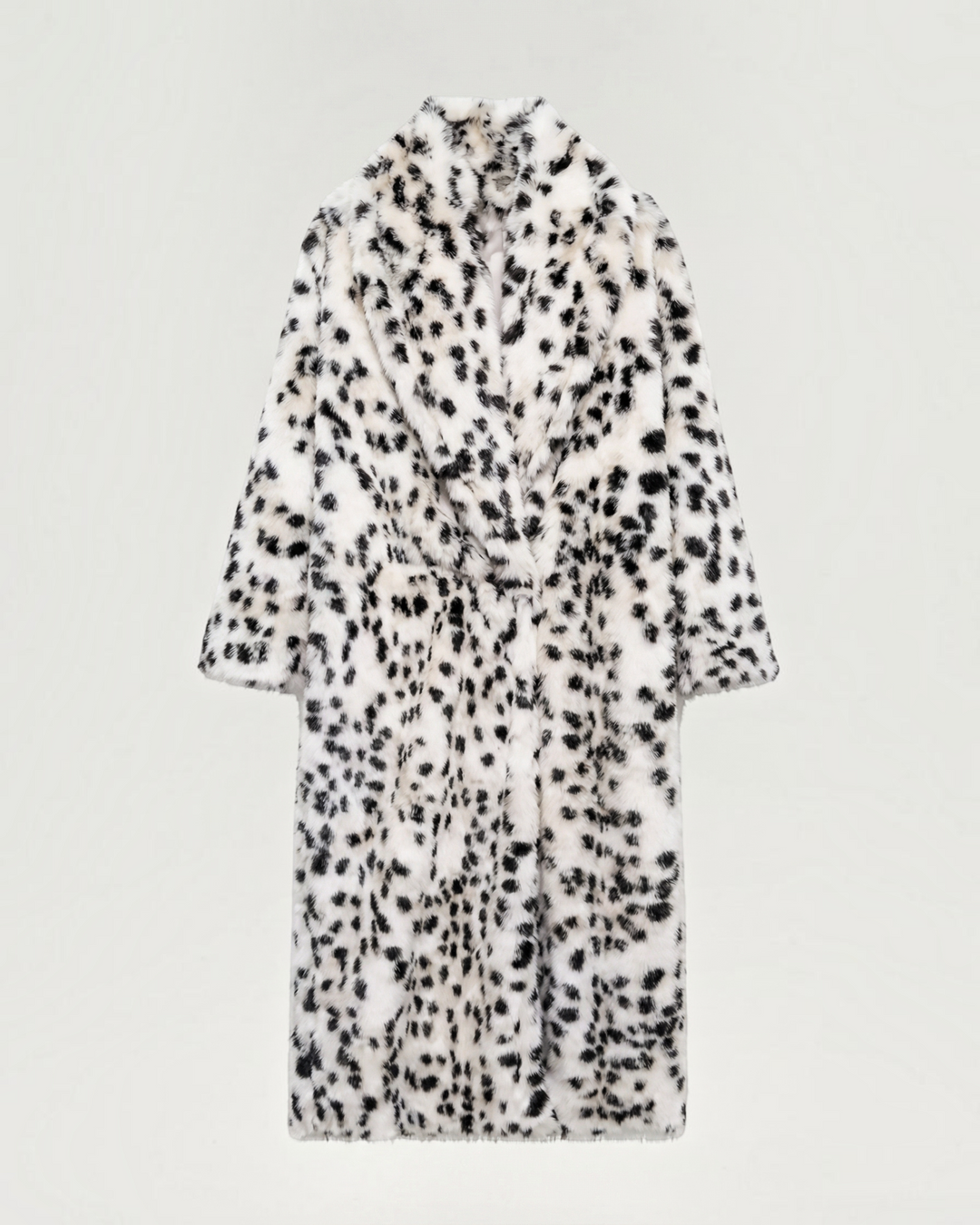 Luna Moda Morgana full-length faux fur coat with an oversized collar and a white and black leopard print pattern.
