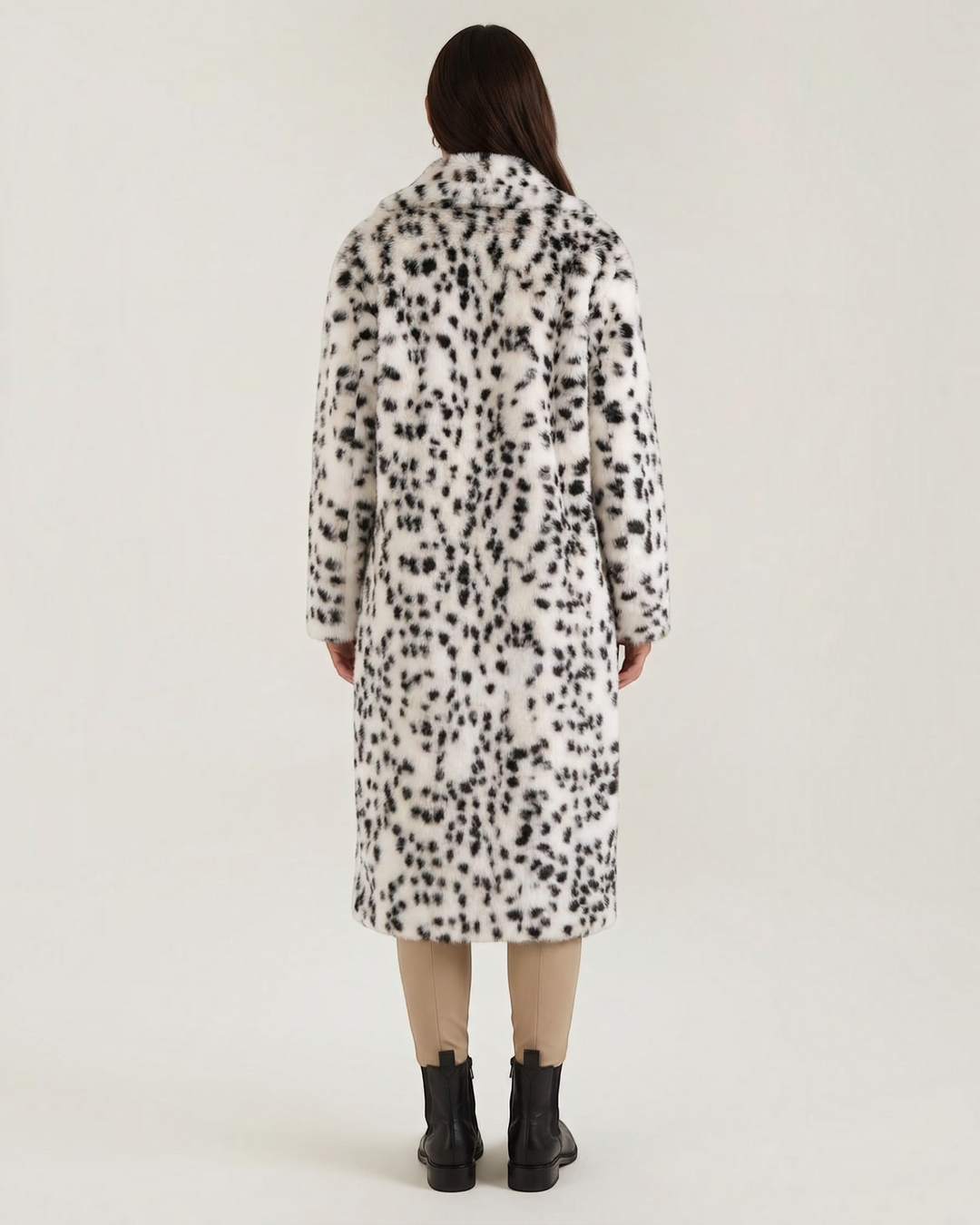 Luna Moda Morgana full-length faux fur coat with white and black leopard print, back view on a model