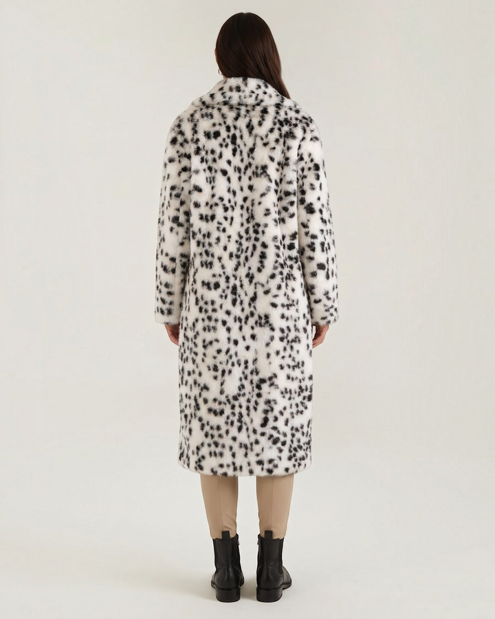 Luna Moda Morgana full-length faux fur coat with white and black leopard print, back view on a model