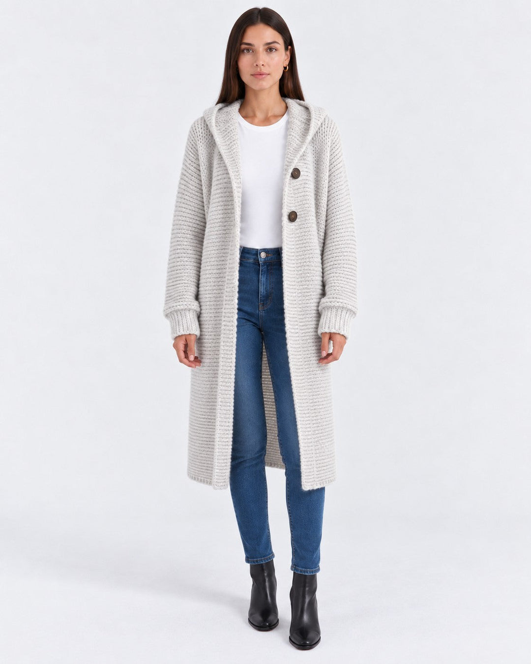Luna Moda long grey hooded knit cardigan worn by a model with blue jeans and black boots