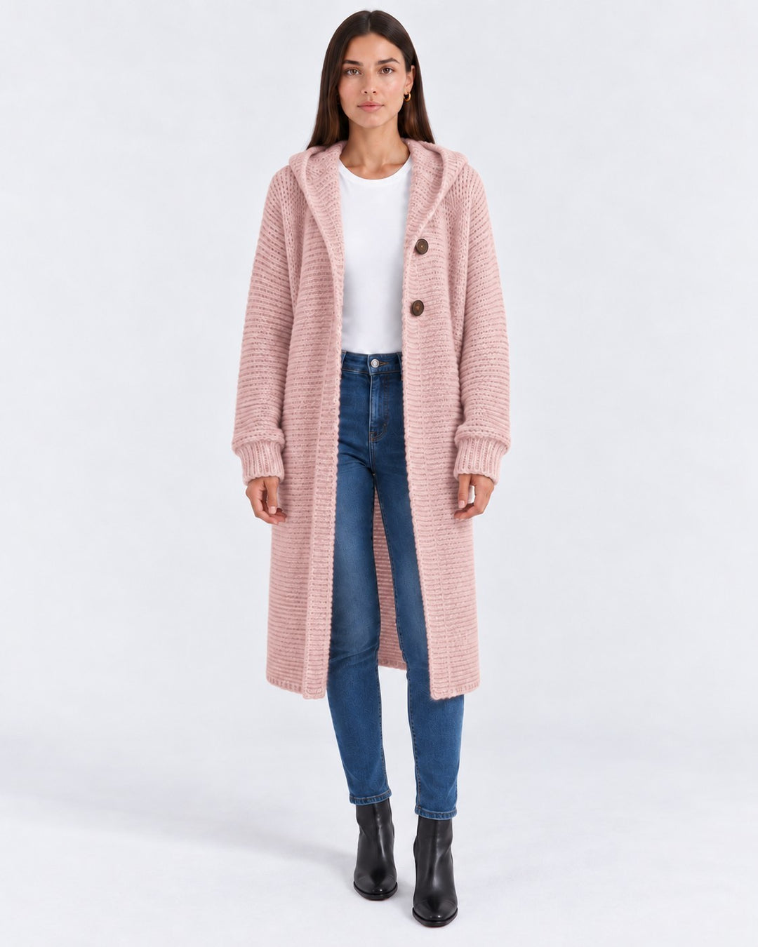 Luna Moda long pink hooded knit cardigan worn by a model with blue jeans and black boots