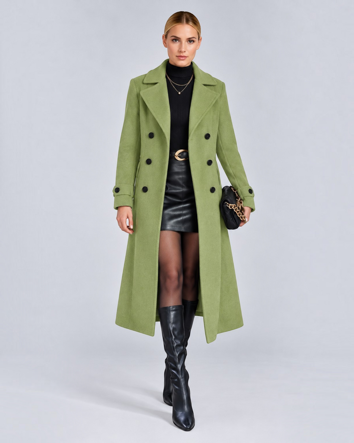 Luna Moda long sage green double-breasted coat worn by a model with a black skirt and knee-high boots