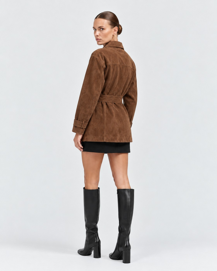 Luna Moda Lorenza brown suede wrap jacket with adjustable waist belt worn by a model with black skirt and boots