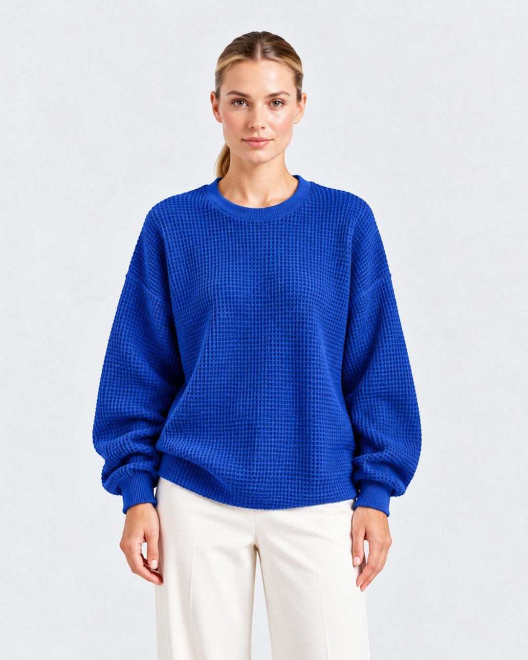 Luna Moda Lucia oversized royal blue waffle knit sweater with a crew neckline worn by a model.