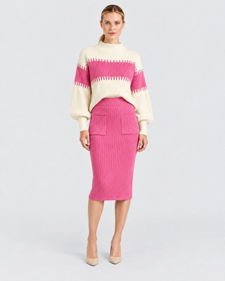 Luna Moda Magda two-piece set with a cream and pink high-neck sweater and a matching pink ribbed midi skirt.